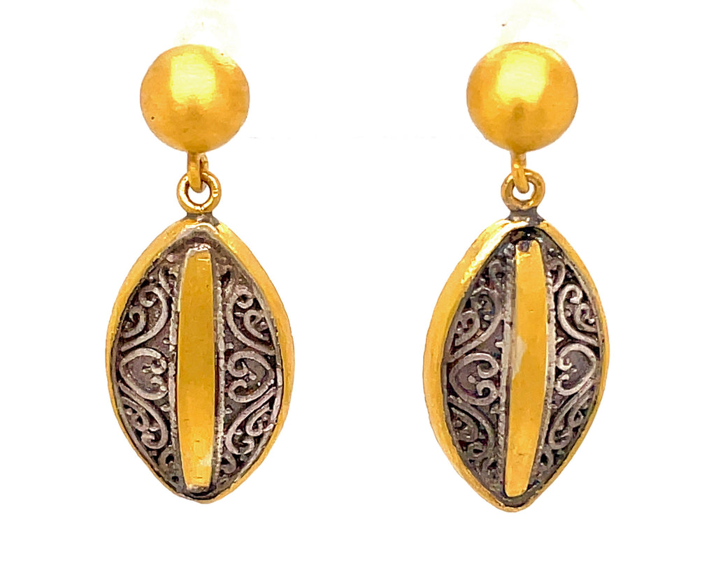 A unique combination of modern style, secure fit, and luxurious detail, these drop earrings are crafted with 24K gold and oxidized sterling silver for an eye-catching finish. Handmade in Turkey, this pair is sure to become a treasured addition to your collection.