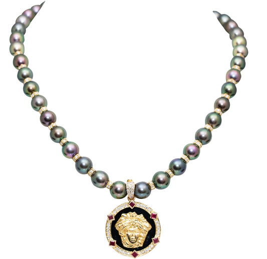 Front view of 18k Yellow Gold Versace Style Peacock Pearl Diamond Necklace