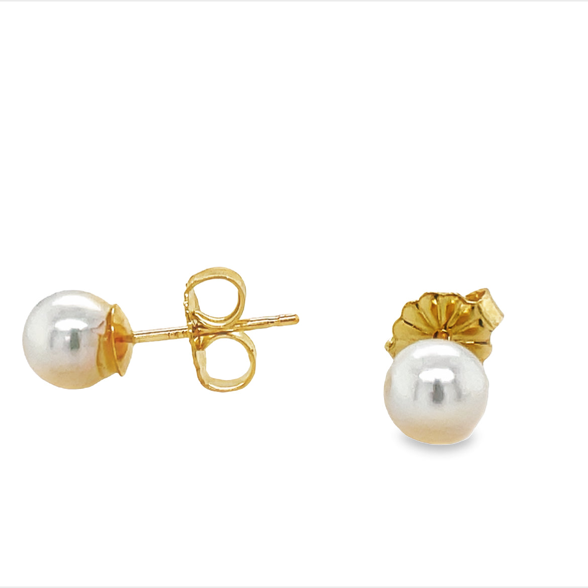 Akoya Cultured Pearl Studs 5.50 mm Yellow Gold Front and Side View