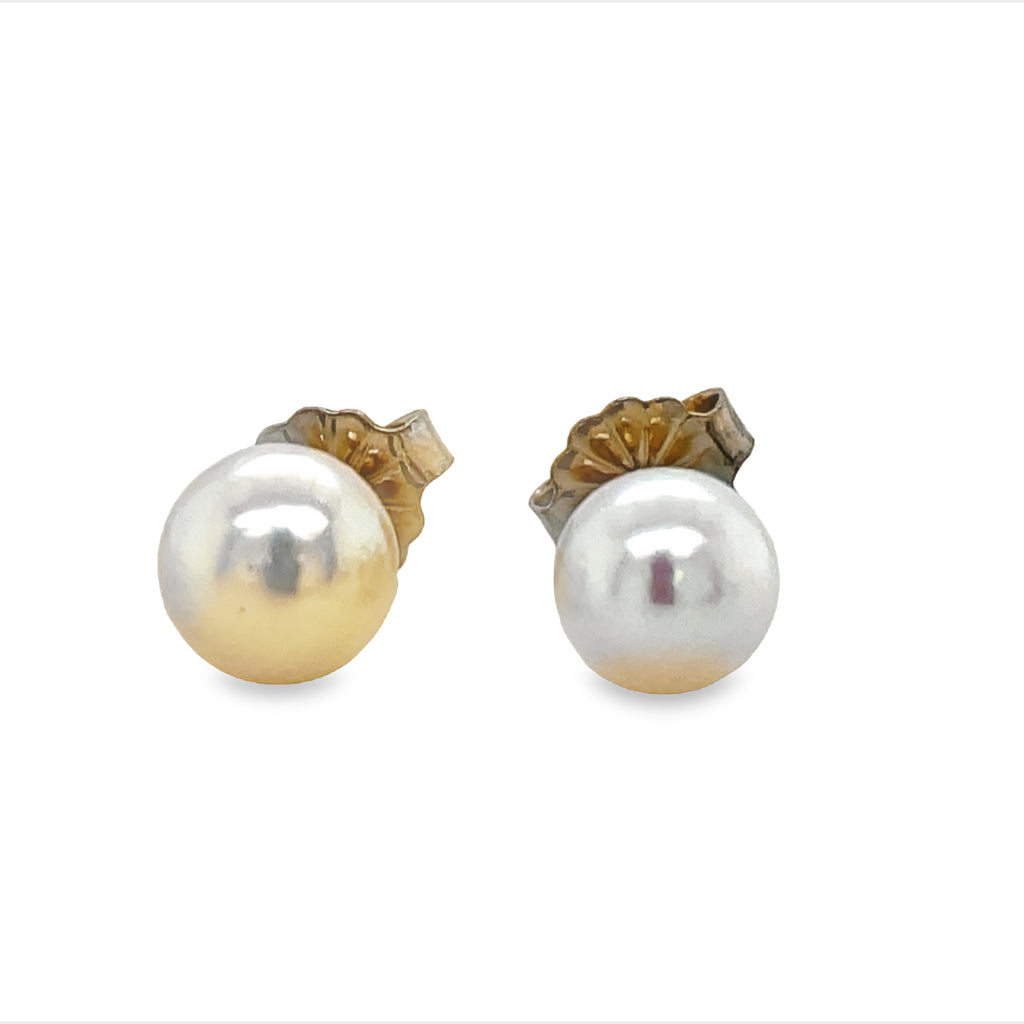 These elegant studs feature 6.00 mm Akoya Cultured Pearls with a high-luster finish and 14k Yellow Gold settings, complemented by secure friction backs for peace of mind. Perfect for any occasion. 