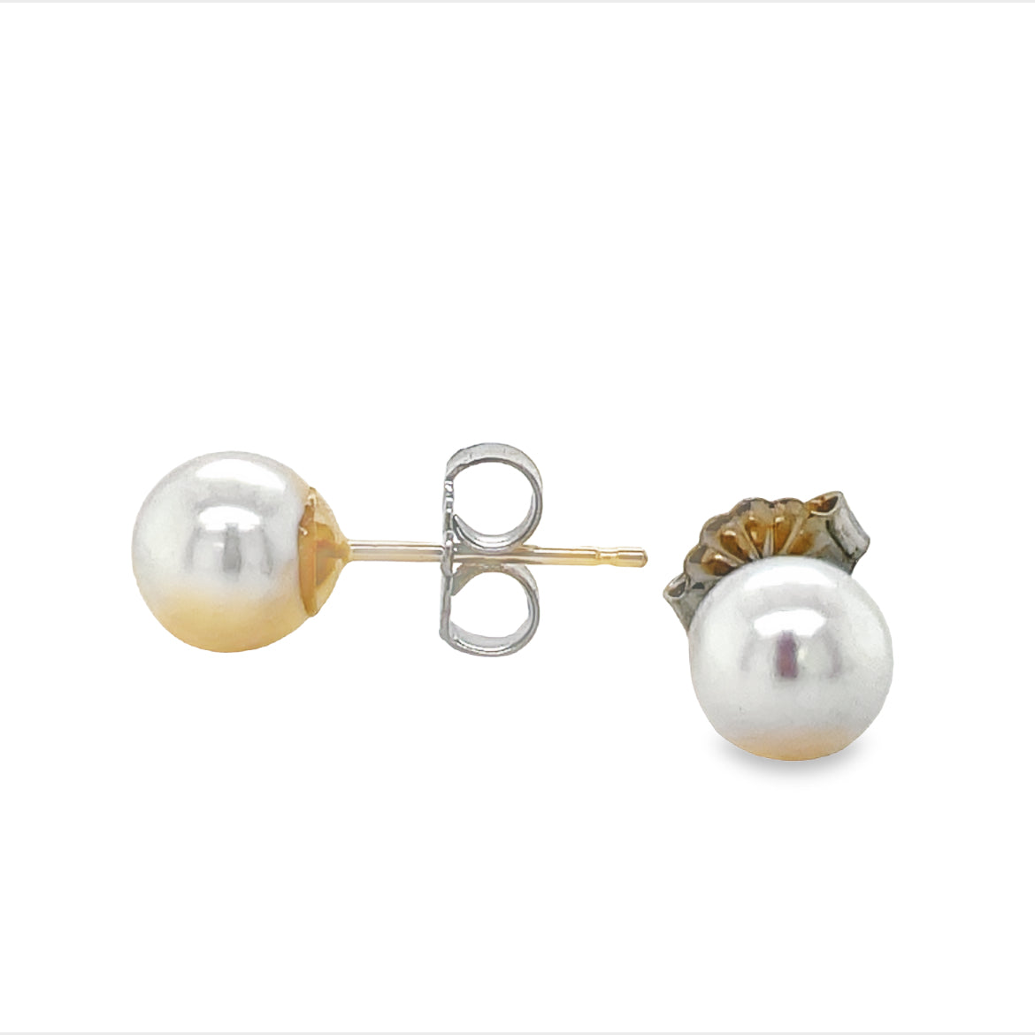 These elegant studs feature 6.00 mm Akoya Cultured Pearls with a high-luster finish and 14k Yellow Gold settings, complemented by secure friction backs for peace of mind. Perfect for any occasion. 