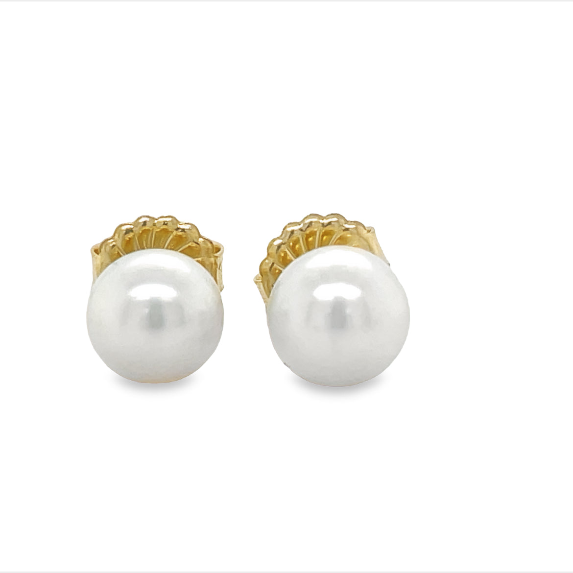 Two Cultured Pearls  8.50 mm.  Set in 14k Yellow Gold.  Secure friction Backs  Good luster.