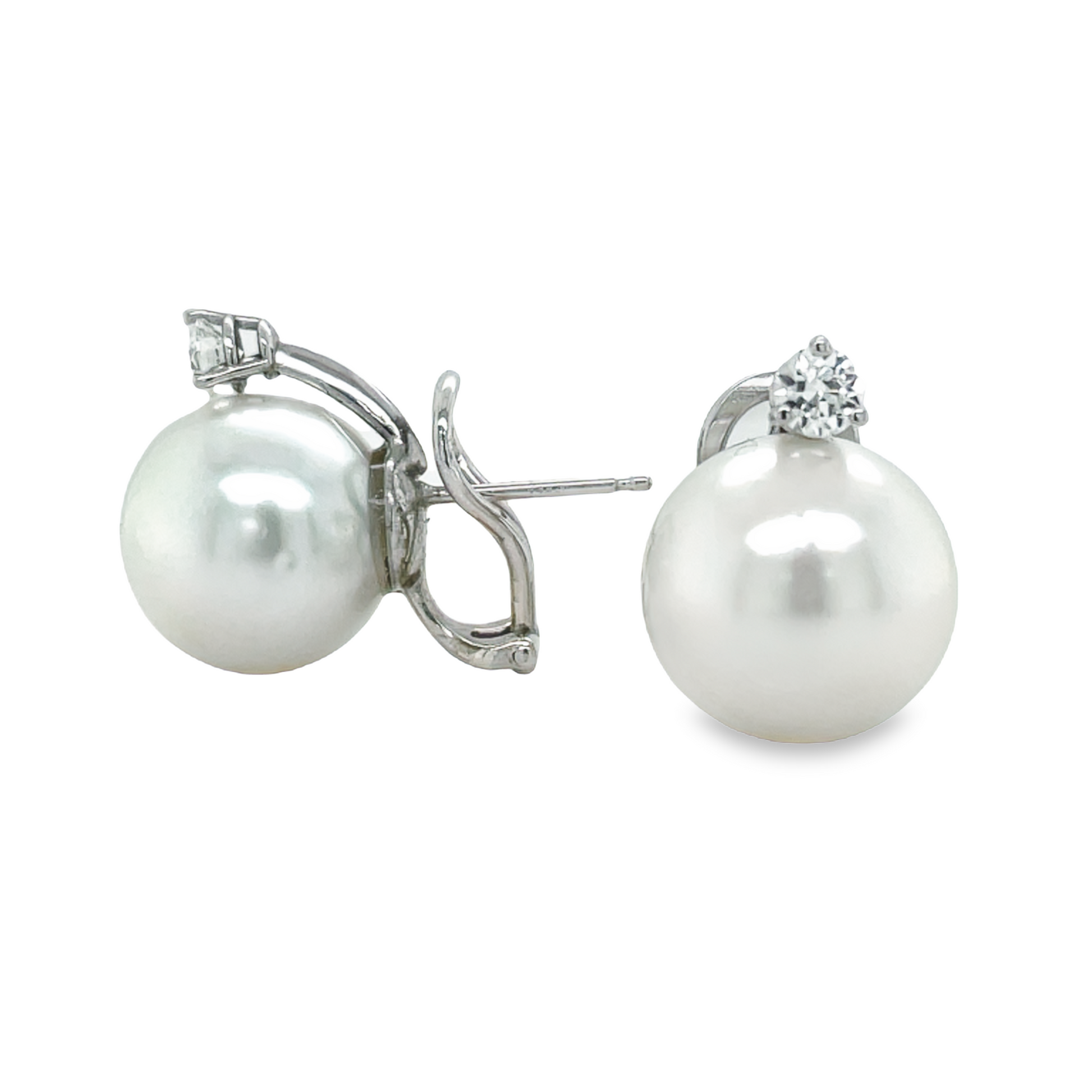 Diamond & South Seas 14mm Pearl Clipback Earrings Front and Side View