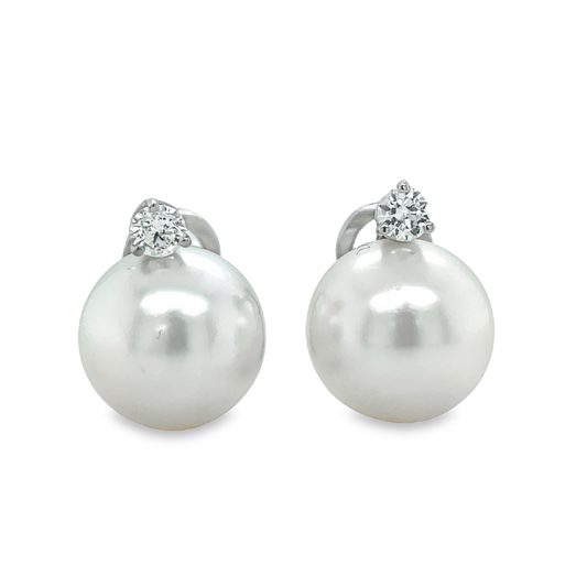 Diamond & South Seas 14mm Pearl Clipback Earrings Front view