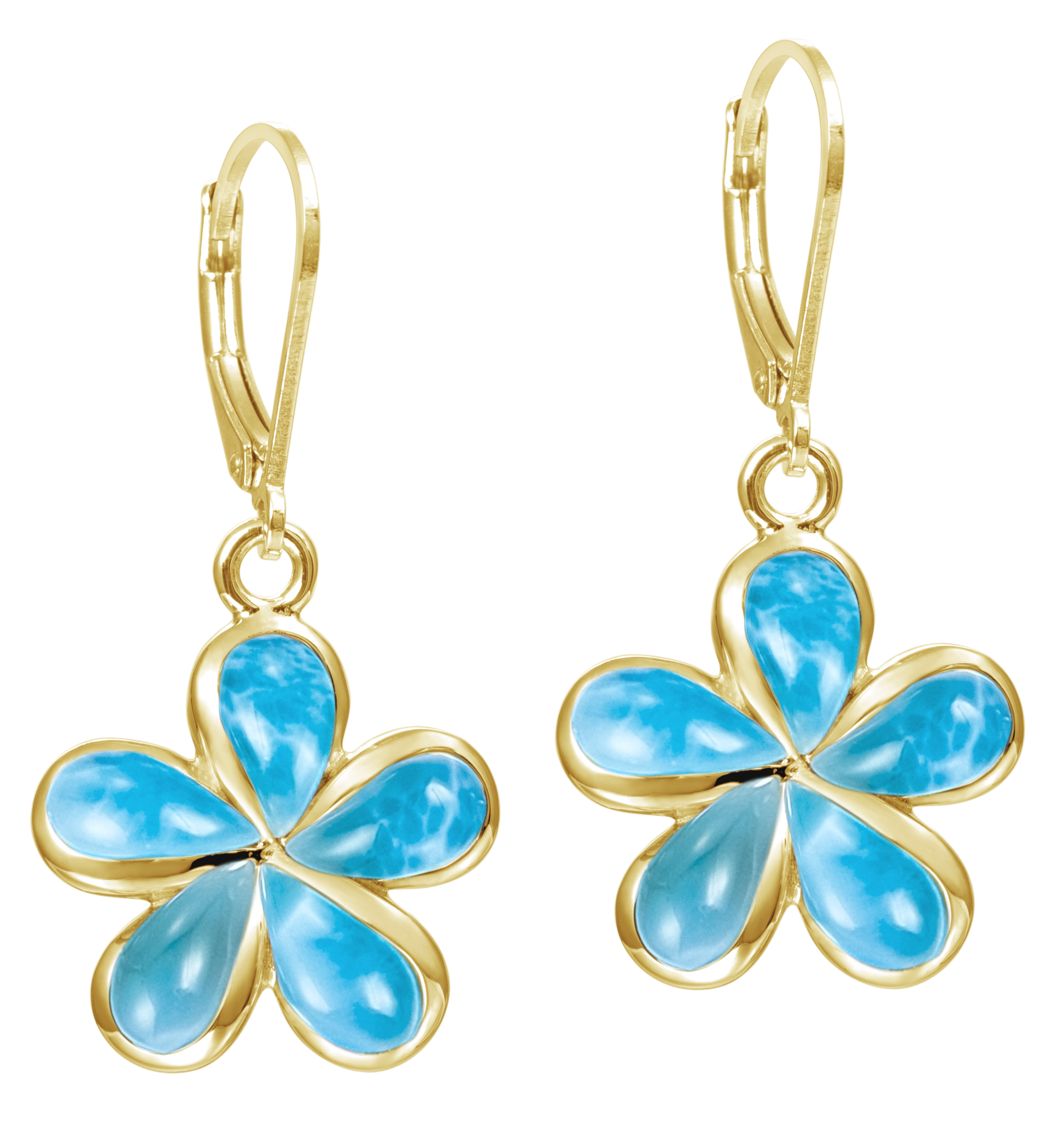 Front view of 14k Yellow Gold Larimar Plumeria Drop Earrings