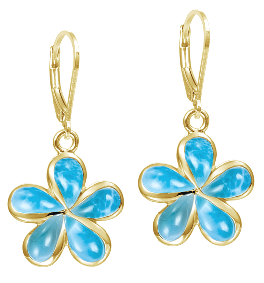 Front view of 14k Yellow Gold Larimar Plumeria Drop Earrings