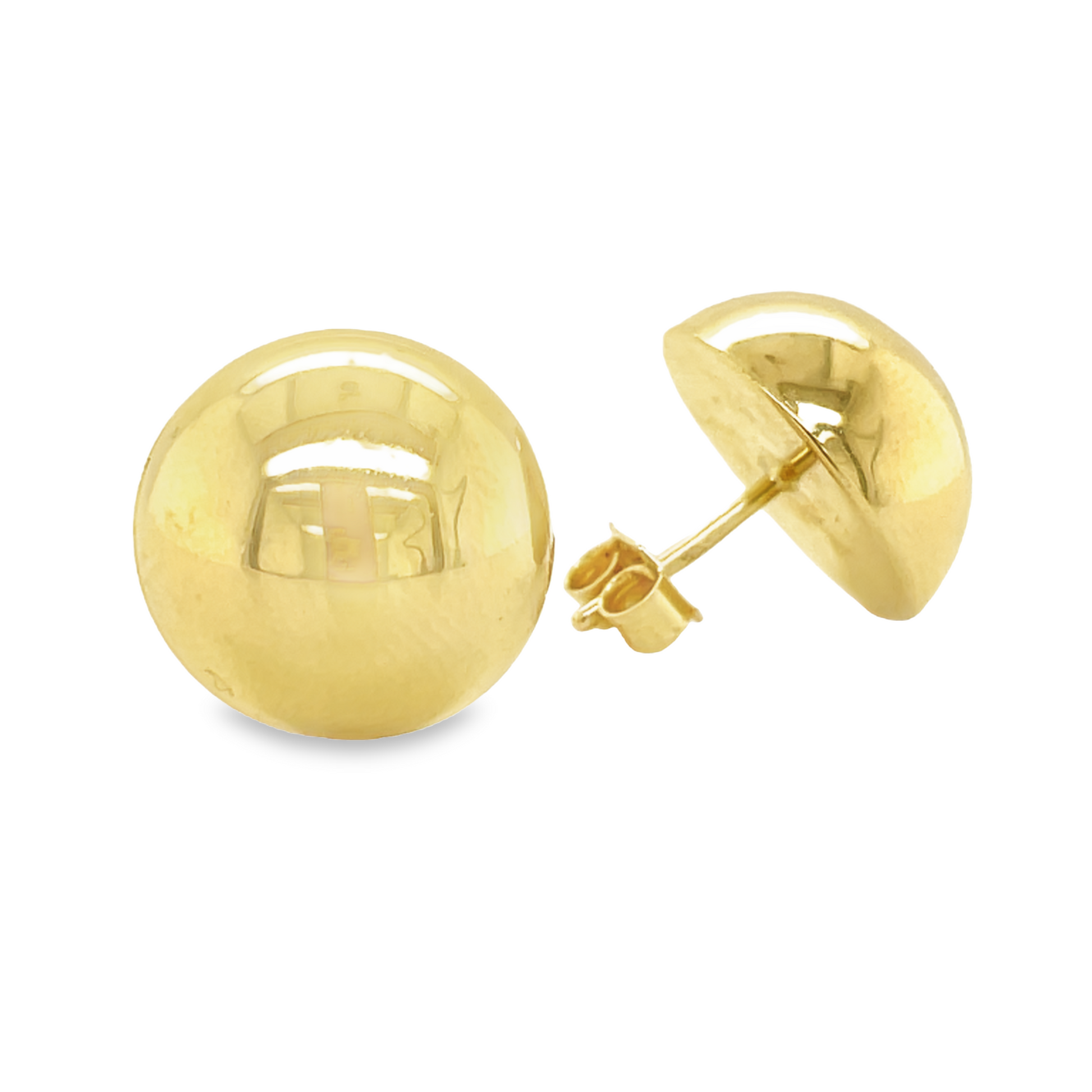 Large 14k Yellow Gold Half Ball Stud Earrings Front and Side View