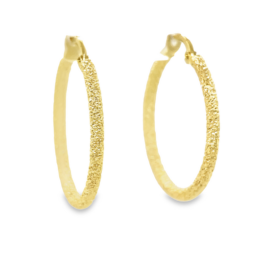 Front and side view of 14k Italian Yellow Gold Sand-Finish Hoop Earring 2.00 mm