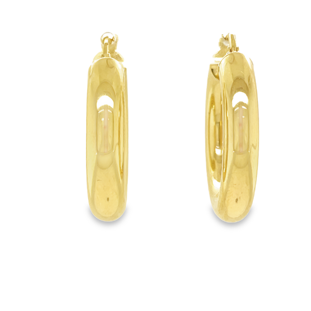 These Italian-made gold earrings feature a robust 5.00 mm width and 1" size, making them the perfect statement piece to an outfit. Fashioned in classic hoop design, they will add a sparkle to any wardrobe.