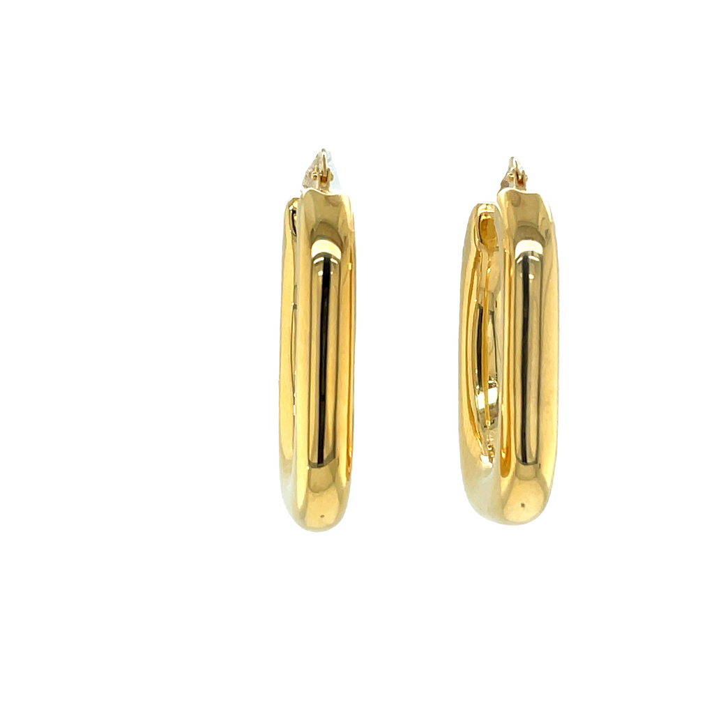 These earrings feature a stylish 14k Italian yellow gold construction, making them a perfect addition to any outfit. The secure latch system adds an extra layer of security for added comfort. A lightweight, 1" hoop and 5.00 mm wide design make them an elegant and timeless accessory.