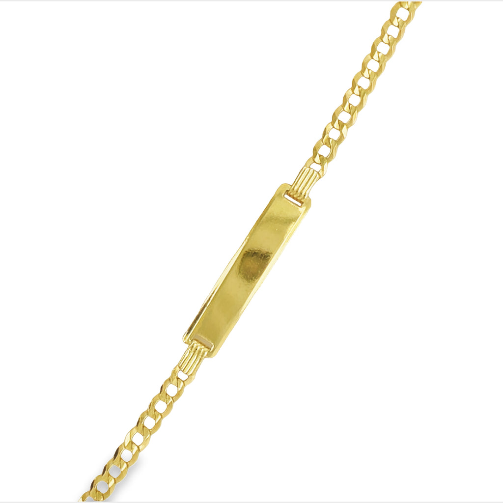 14k yellow gold  7" long  Secure lobster catch  Small ID name bar