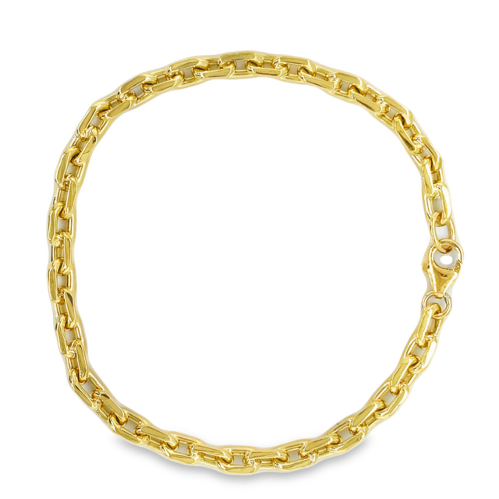 This 18k solid yellow gold bracelet is expertly crafted with an open link for maximum flexibility and a secure lobster clasp for reliable wear. Measuring 8.5" in length and 5.00 mm in thickness, it's a timeless addition to any collection.