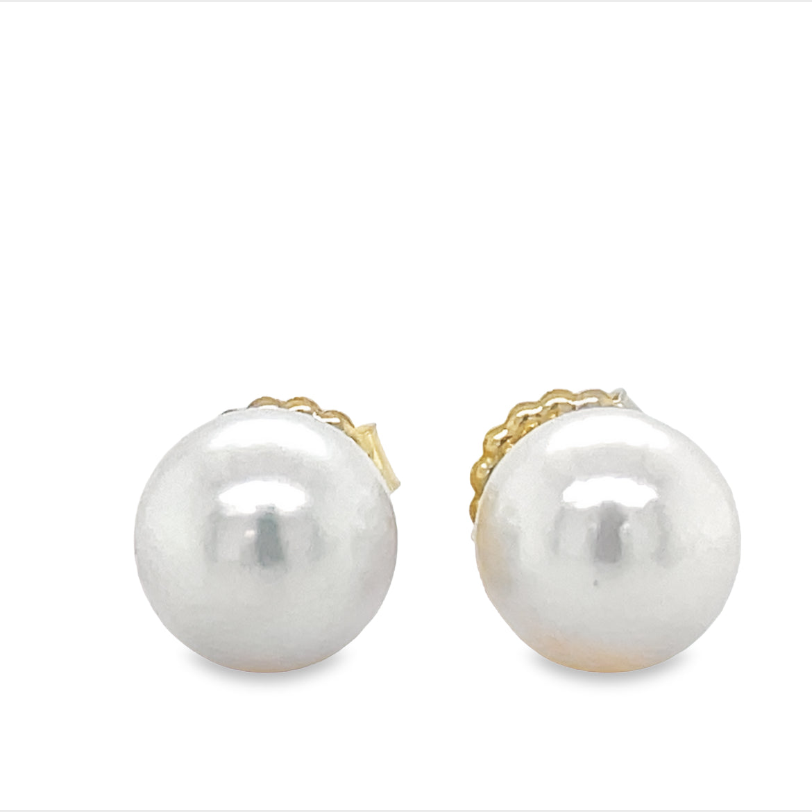 These elegant studs feature 9.50 mm Akoya Cultured Pearls with a high-luster finish and 14k Yellow Gold settings, complemented by secure friction backs for peace of mind.