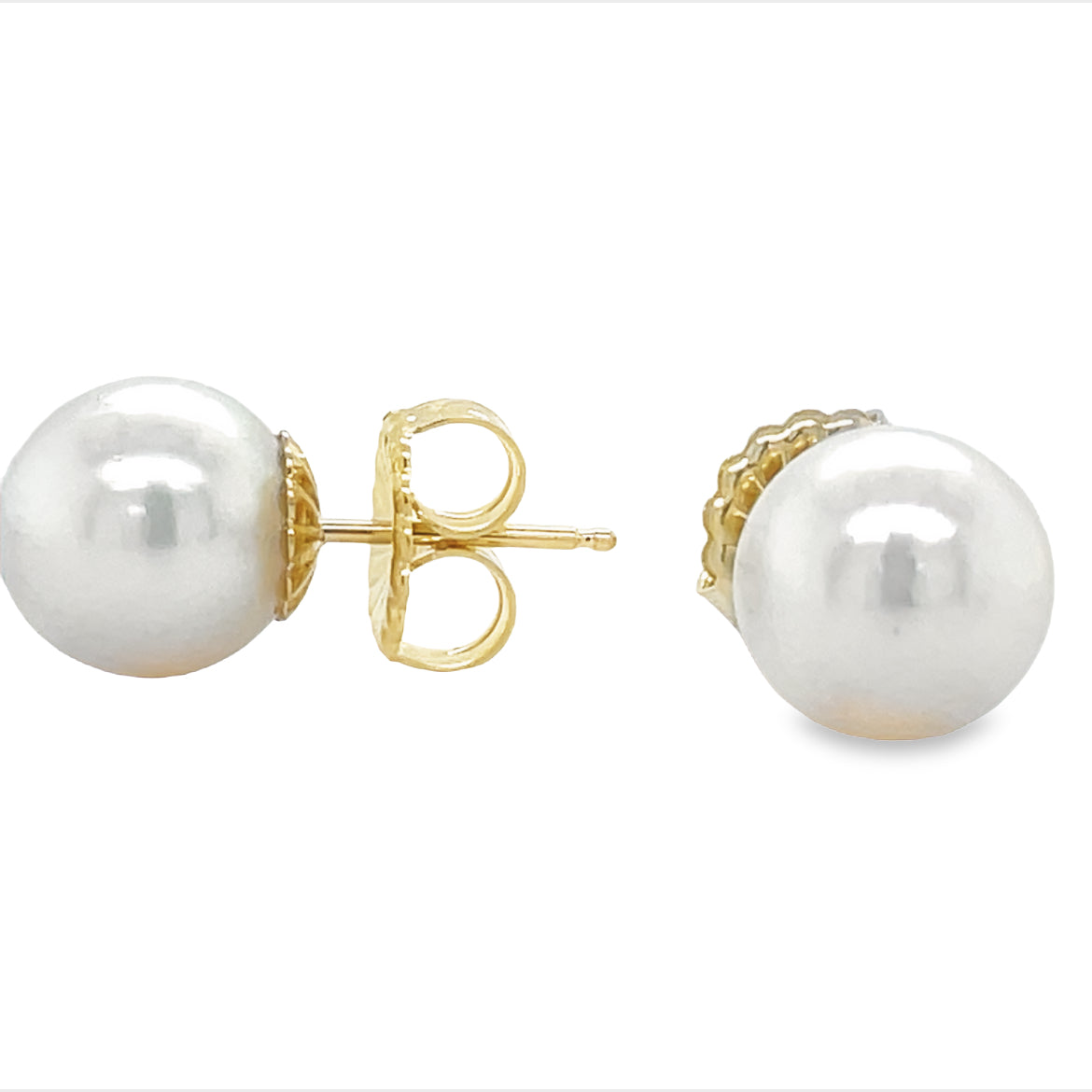 Akoya Cultured Pearl Studs 6.50 Yellow Gold Front and Side View