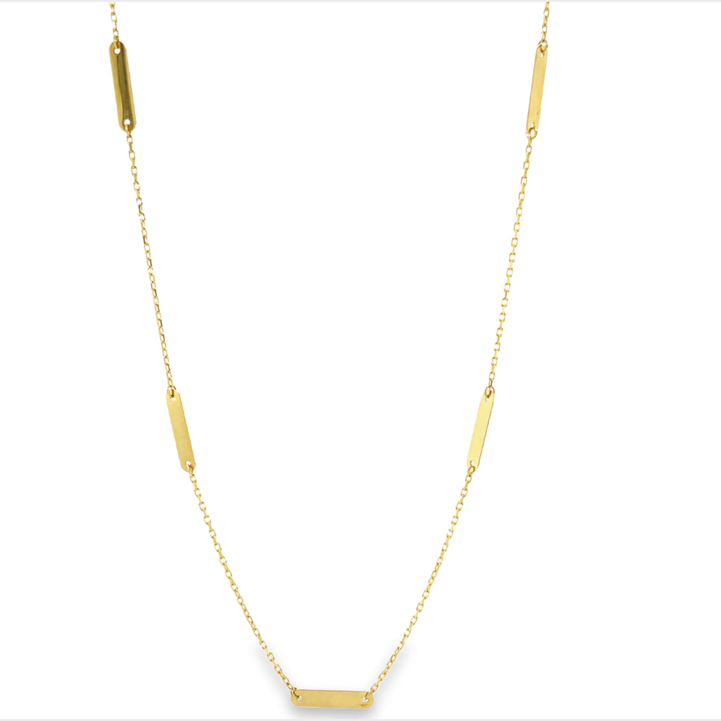 Very stylish  14k yellow gold.  Italian made.  Five bar stations  25.00 wide   20" long  Secure lobster catch