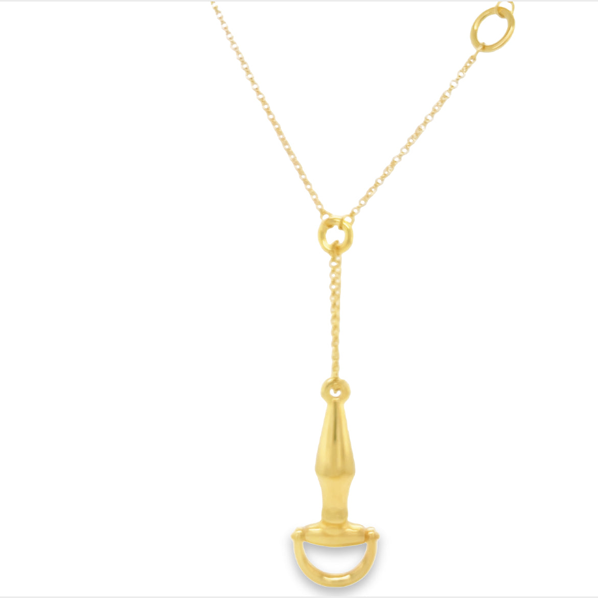 Very stylish  14k yellow gold.  Italian made.  Horse bit pendant 1.5" long  25.00 wide   18" long  Secure lobster catch