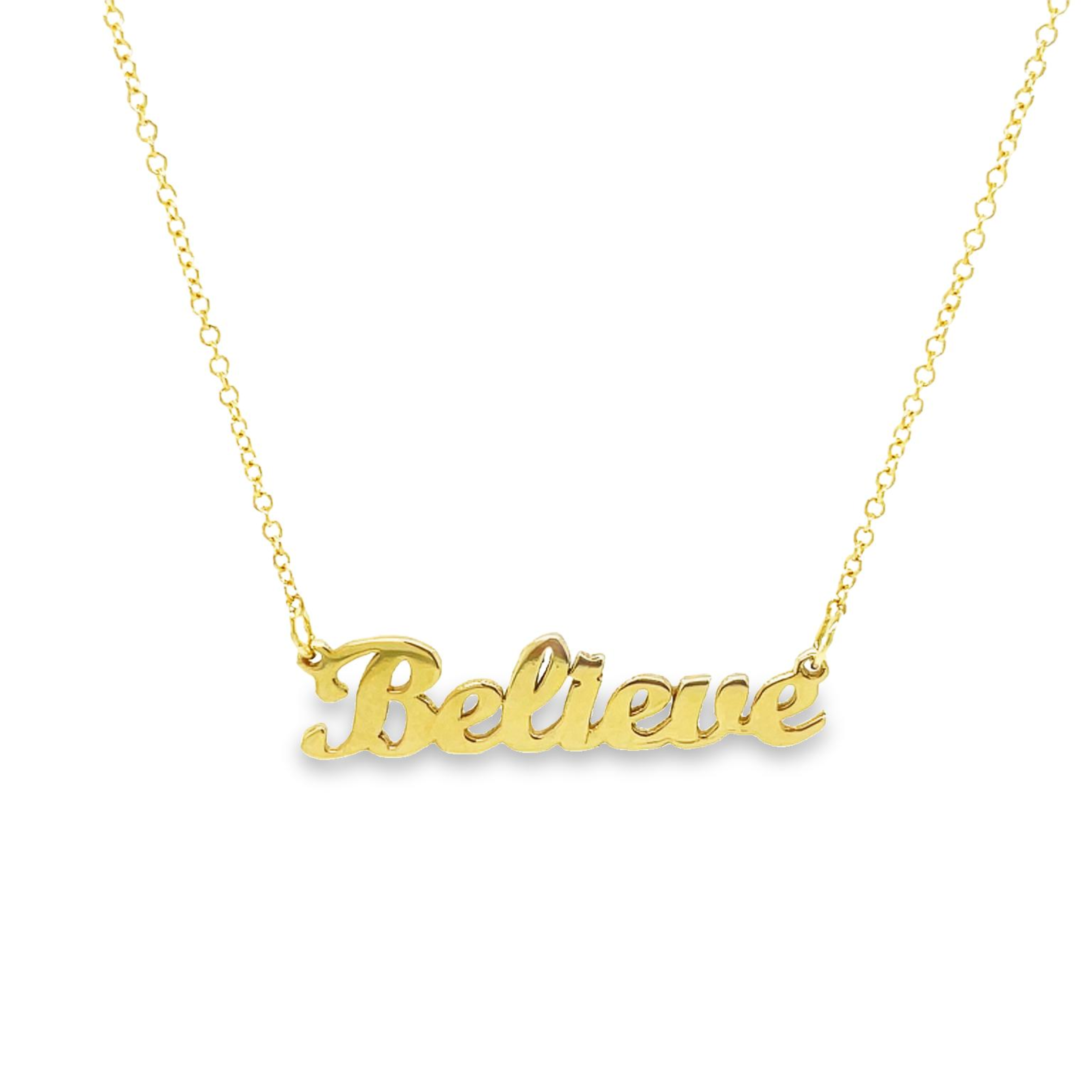 This classic necklace is crafted from 14k yellow gold and features a 1" long nameplate held securely in place by a 16" long chain. The text is expertly inscribed in a beautiful cursive font.