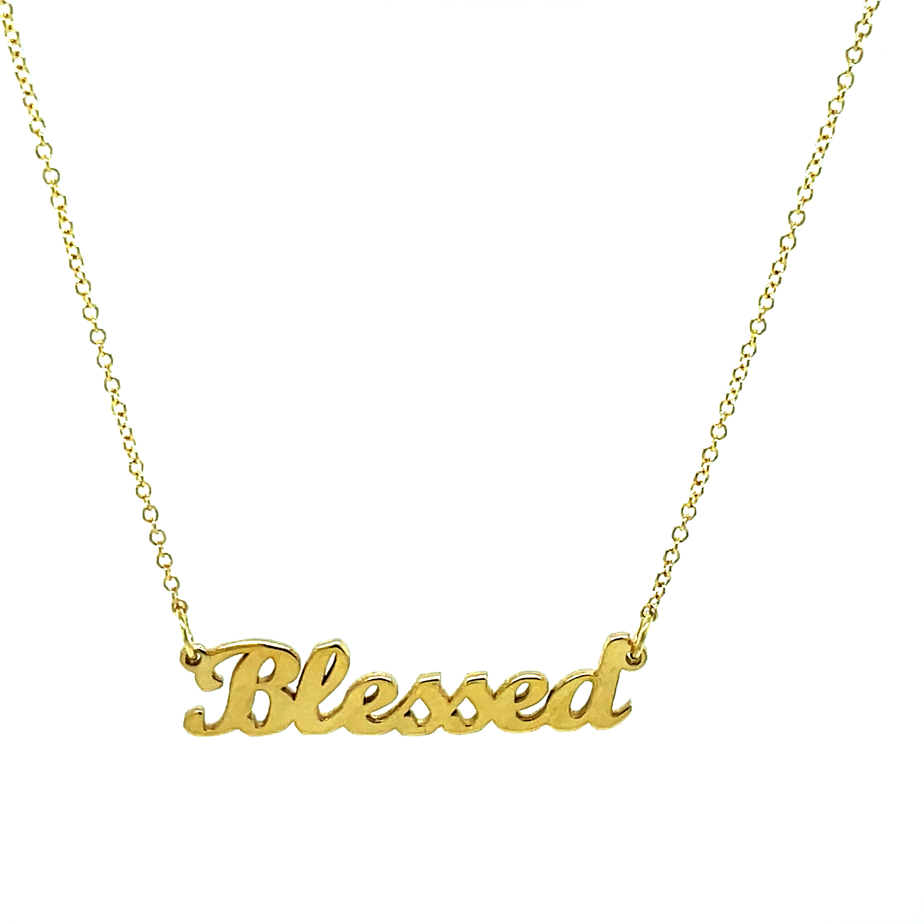 This 1” long, 14k-yellow-gold nameplate features a secure catch and 16” long chain with cursive font.