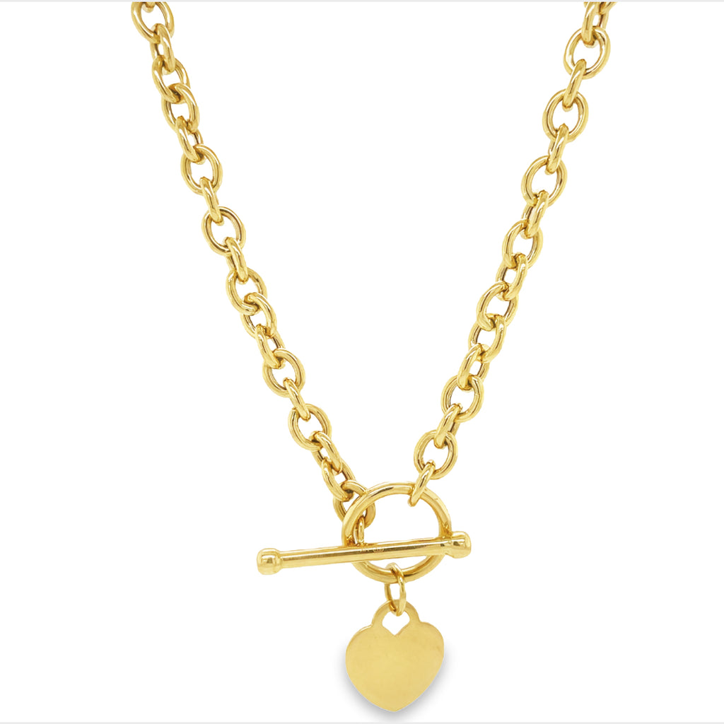 14k yellow gold.  Italian made.  Heart charm 18.00 x 18.00 mm   18" long  Secure lobster catch  5.00 thickness 