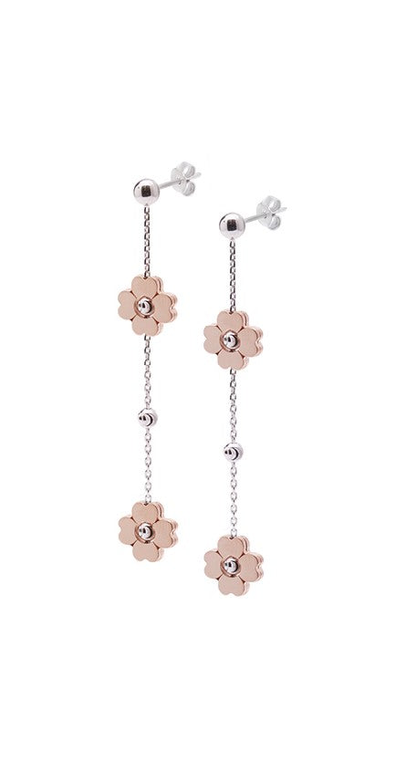 Sterling silver drop earrings coated with rhodium  Friction backs Two rose gold flowers on each side    