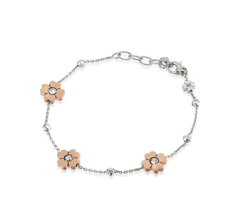 High precision diamond cut silver beads  white rhodium coated.  Three 18k rose gold-plated flowers  8" long.  Italian collection from Officina Bernardi  1" Adjustable chain  Secure lobster clasp