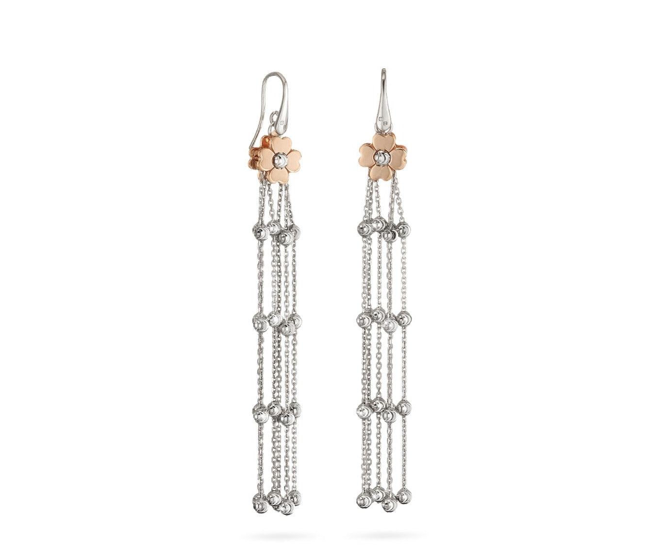Sterling silver drop earrings coated with rhodium   Friction backs  Two rose gold flowers on each earring  Six strands dangling from each earring with four beads (diamond cut) on each strand.  3" longea  Desmos Collection