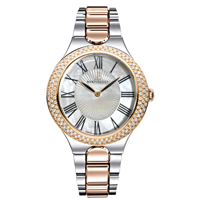 This Bertolucci timepiece features luxurious 18k rose gold and stainless steel construction, encrusted with 2.02 cts of round diamonds, and a mother of pearl dial adorned with classic Roman numerals. 303.55.47P.88.3B1