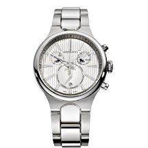 Bertolucci's Serena Garbo Gent Chronograph watch features a curved white silver opaline casing, vertical guilloche and 12 trapezoid luminescent indexes. The watch also boasts rhodium-plated hands and a stainless steel finish. 393.55.41.10E