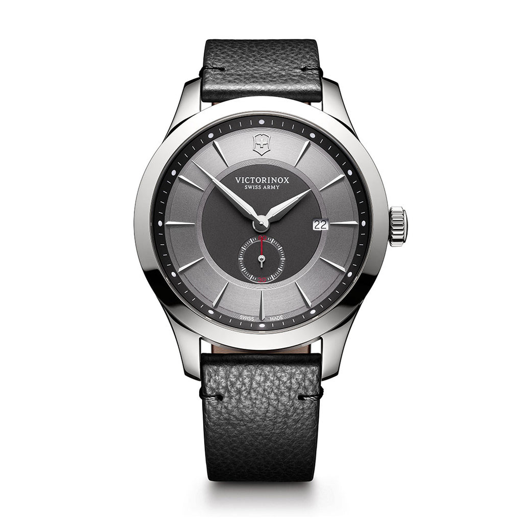 This Alliance model watch offers sophisticated style with the added protection of an end-of-life indicator. Its 44mm size gray dial and black leather band will make it a timeless staple for any wardrobe. 241765