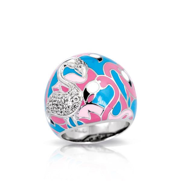 The Belle Etoile Flamingo Ring is crafted from sterling silver and features colorful enamel decorations.