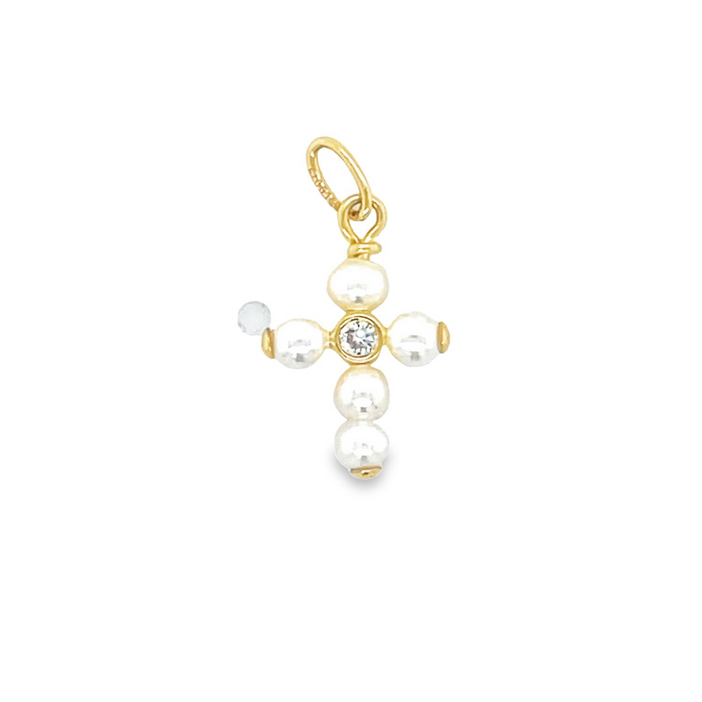 This children's cross pendant is crafted from 14-karat gold and cultured pearls. It's a timeless design and quality construction that will last for years to come.