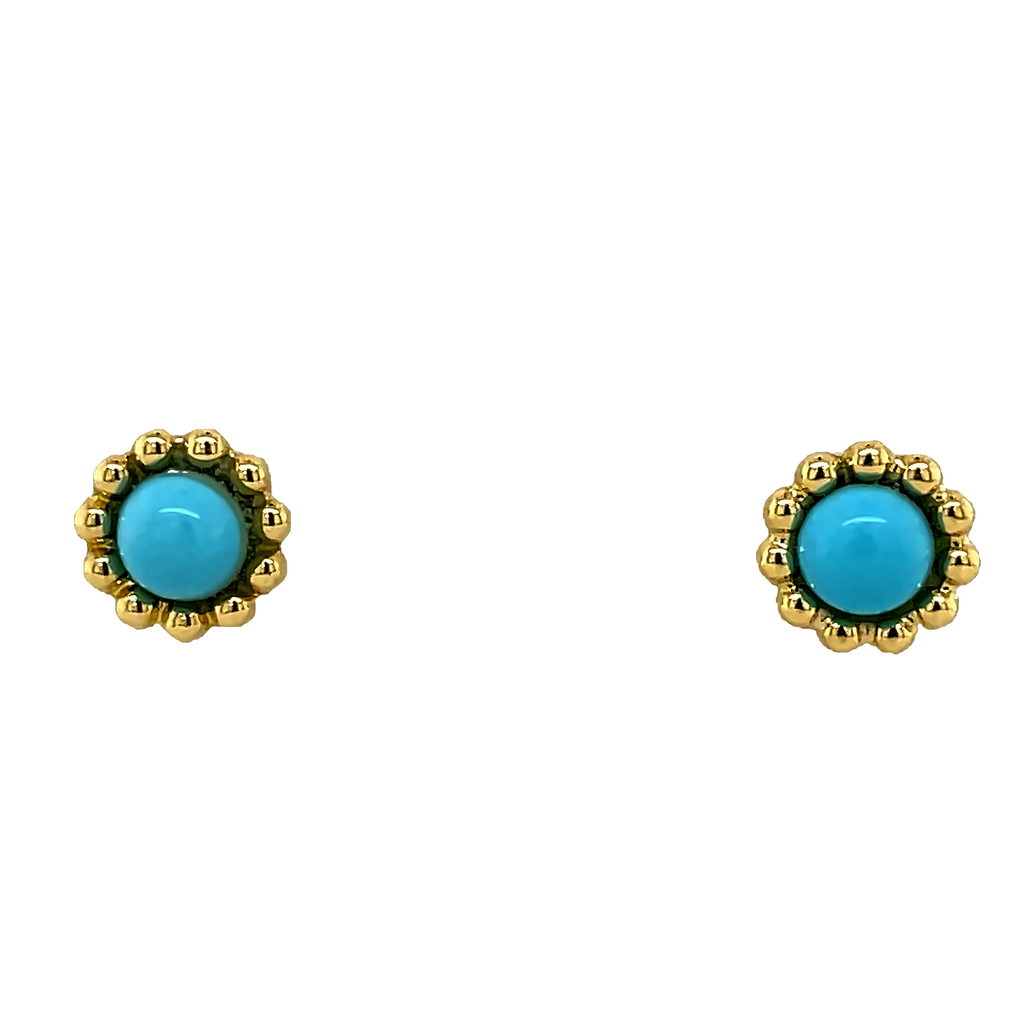 Crafted with care, these 18k yellow gold baby earrings will make any baby's outfit shine! With turquoise beads and secure screw backs, they add a splash of color, style, and safety to any look.