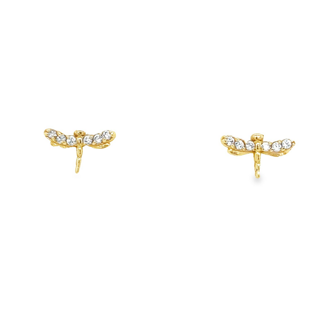 Securely crafted in 14k yellow gold, these small dragonfly stud earrings are designed for baby's delicate ears. Adorned with Cubic Zirconia, they make the perfect accessory.