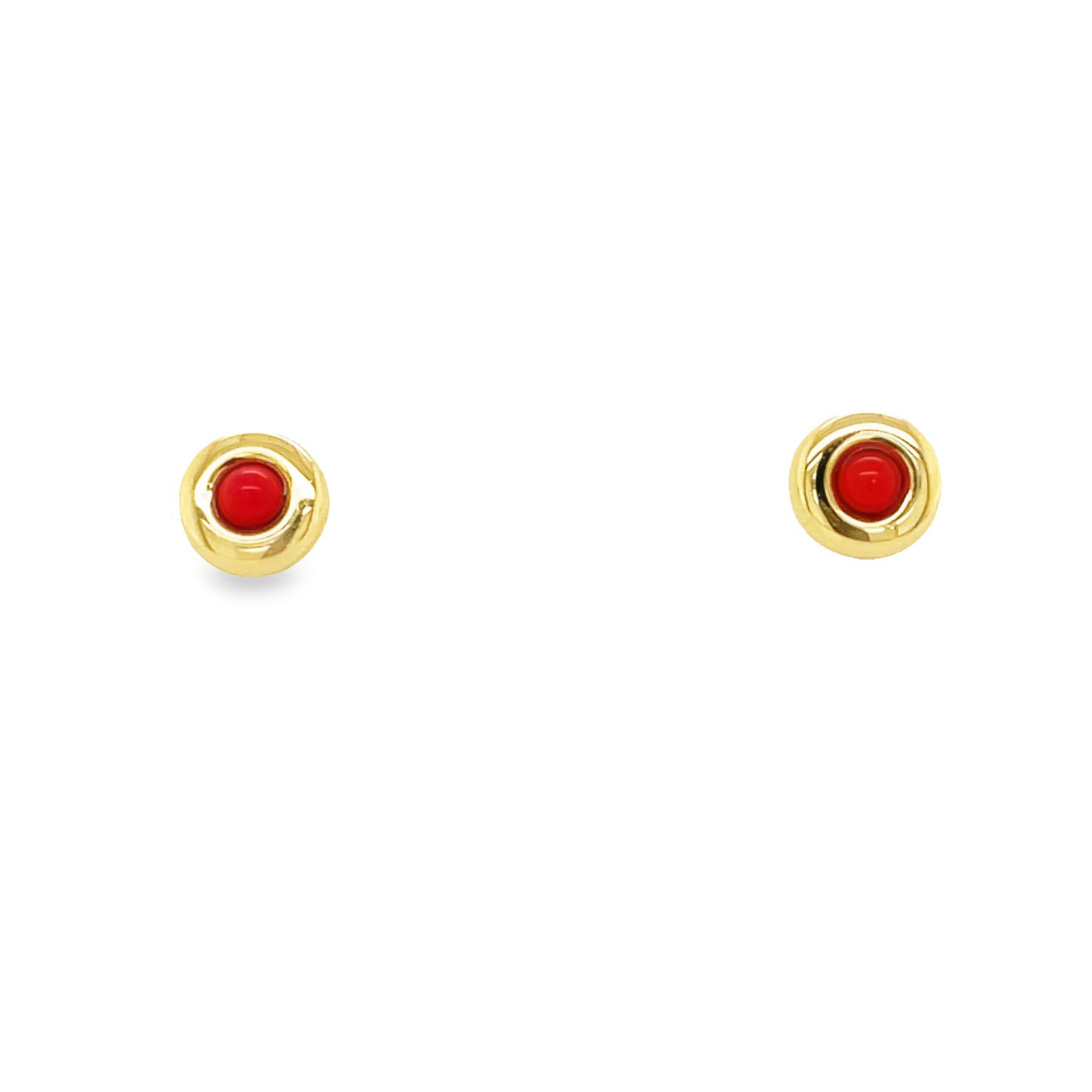 Delicate baby earrings crafted from 14k yellow gold, featuring small coral pieces and secure baby backs. These earrings offer a beautiful combination of luxurious gold and striking coral, securely attached with baby backs for extra peace of mind.