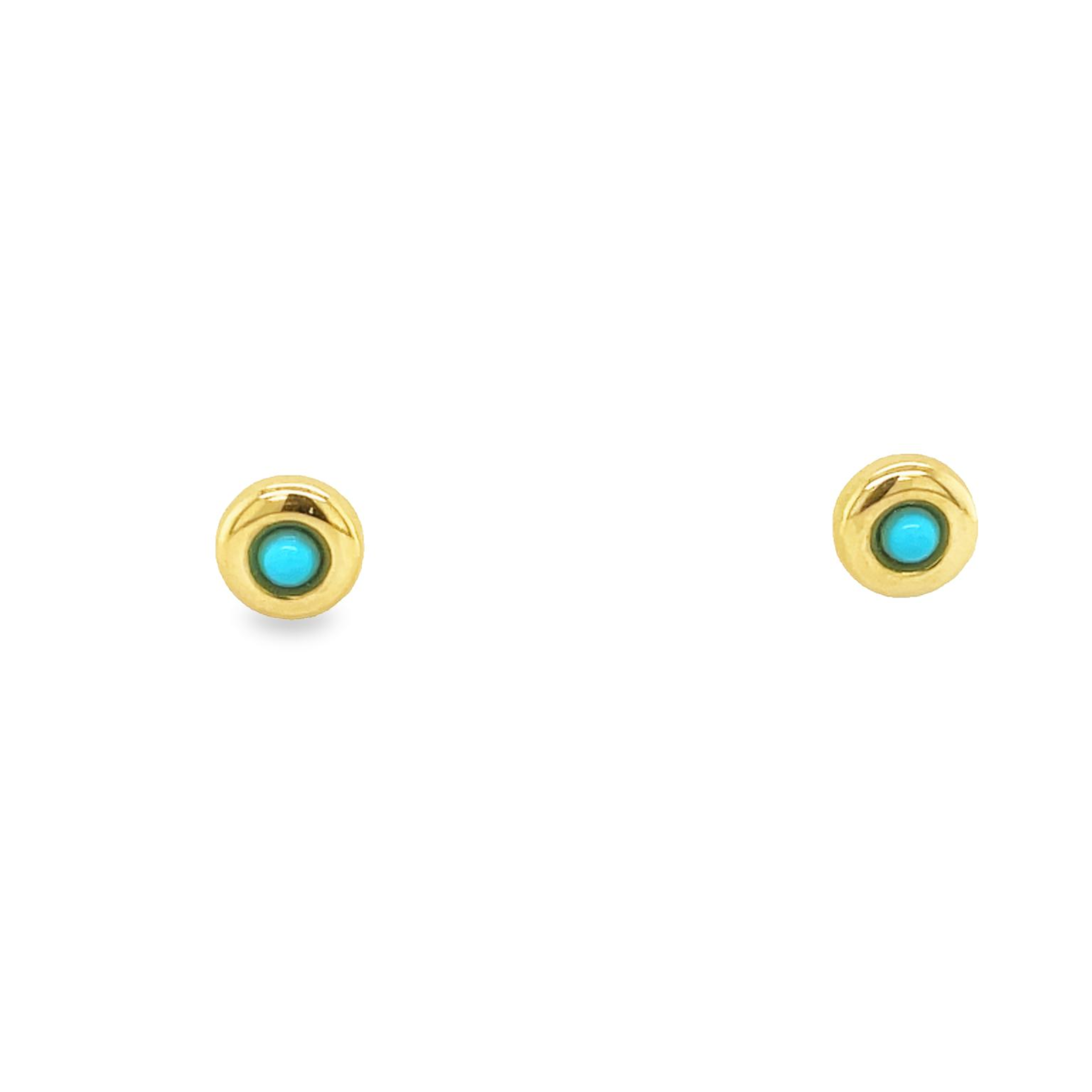 These 14k yellow gold baby earrings feature small treated turquoise stones, securely set with baby backs for a beautiful finish. The treated turquoise stones are of the highest quality and durability, providing a timeless look that you and your baby can enjoy for years to come.