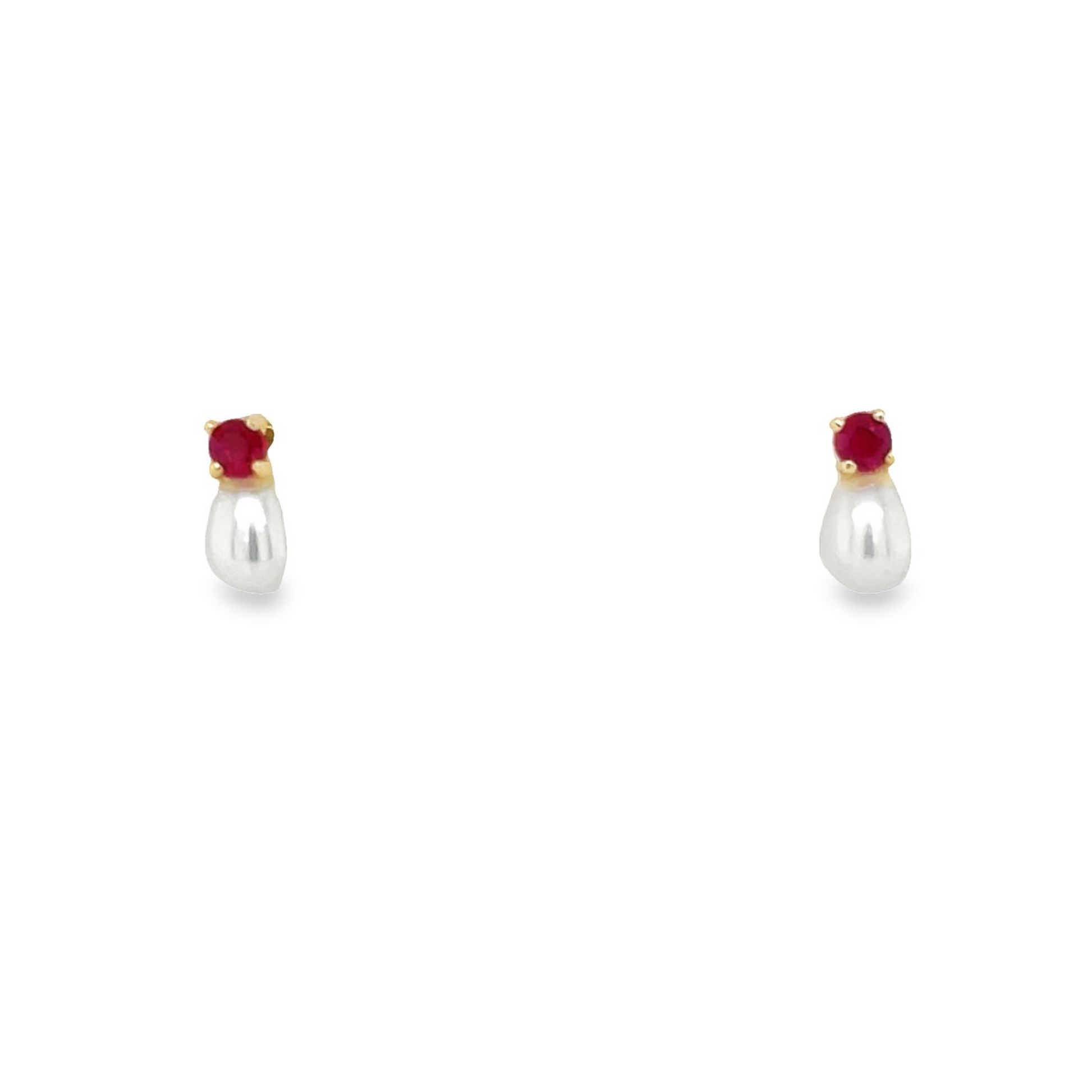 14K Gold Ruby & Pearl Baby Earrings Front view 