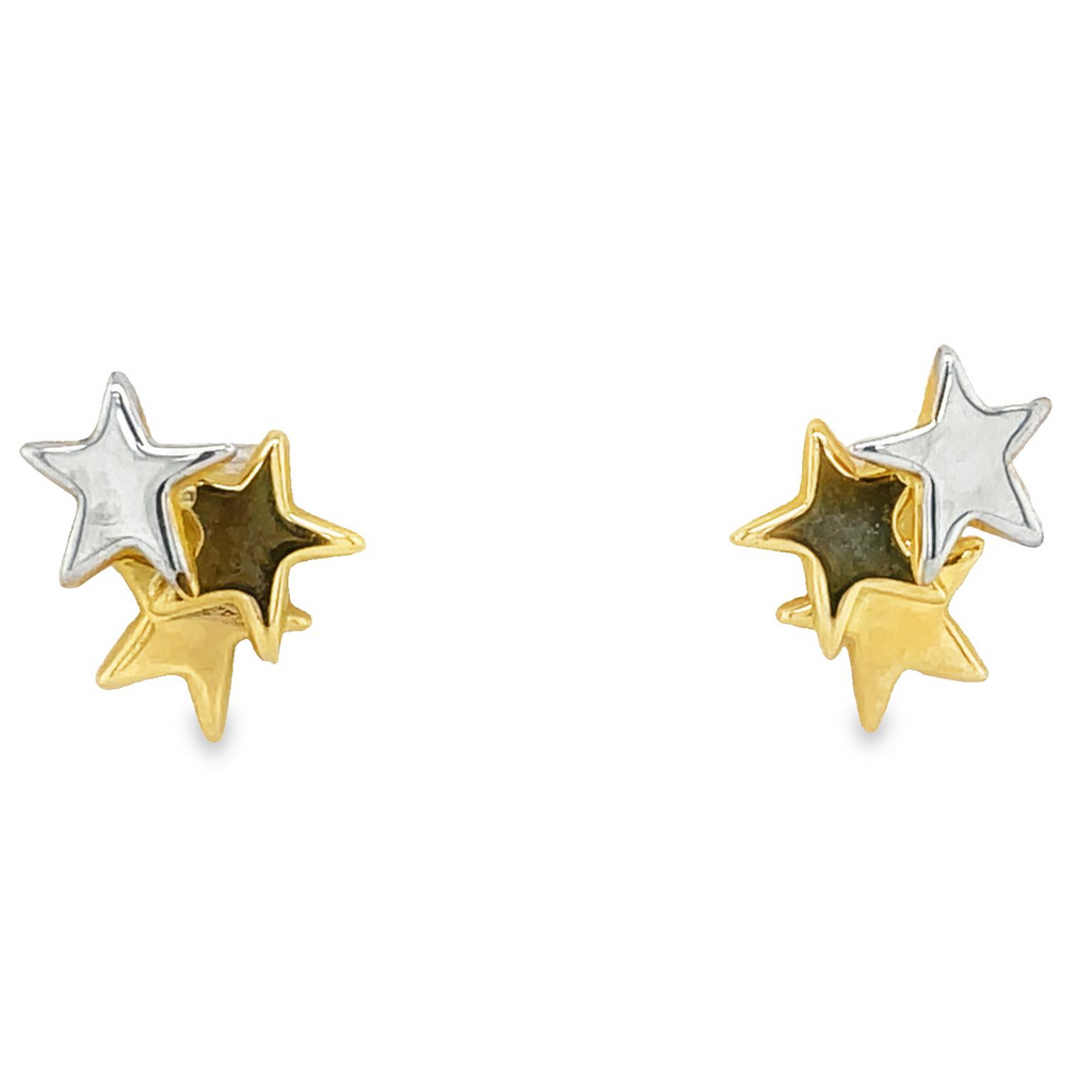 Elegant 14K yellow gold baby earrings featuring triple stars with reliable baby-safe backs. Delivering timeless sophistication and style, these reliable earrings will keep your baby's ears safe without sacrificing on elegance.
