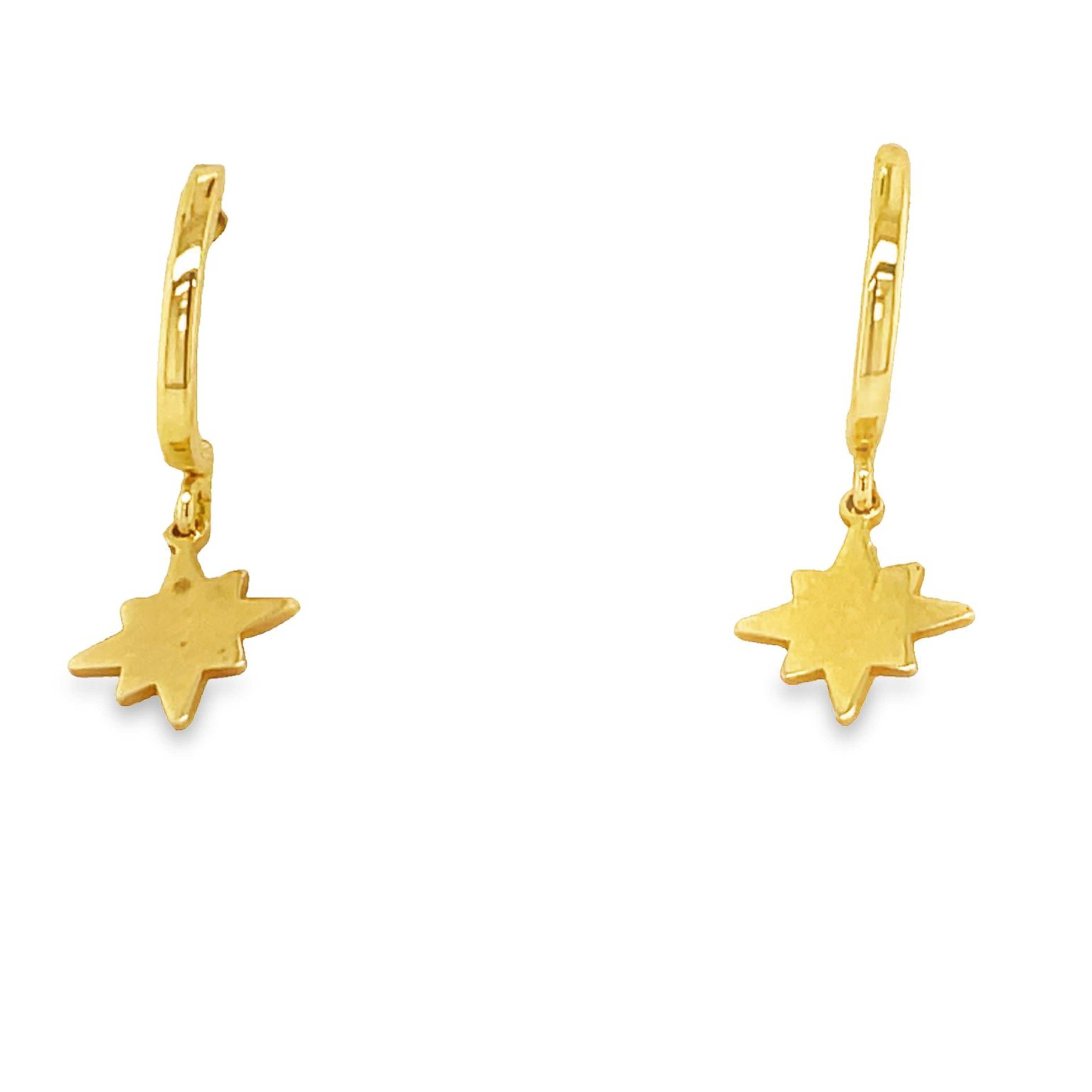 Elegant 14k Gold Dangling Star Baby Earrings with secure friction backs, designed for comfort and superior quality. These earrings feature an enduring 14k Gold construction and are crafted with attention to detail to ensure a safe and comfortable fit.