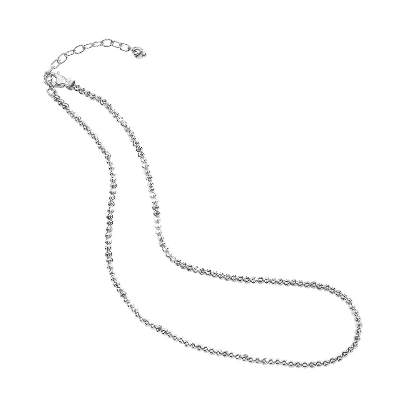 ndulge in exquisite Italian craftsmanship with this luxurious sterling silver bead necklace. The rhodium coating enhances its shine and durability, while the 18" length and 2" extender allow for versatile styling. With 2.00 mm beads, this necklace exudes grace and sophistication. Elevate your style with this statement piece.