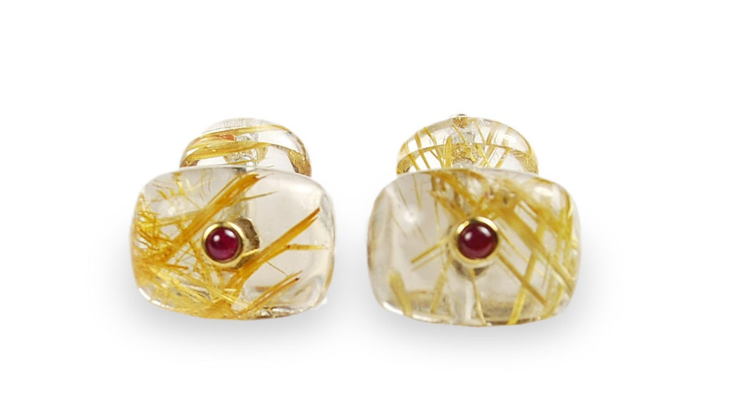Unique style. Rutilated yellow quartz cufflinks, sterling silver, two rubies in 18k yellow gold bezel setting. 20 x 15 mm (top) 14 x 10 mm (bottom)