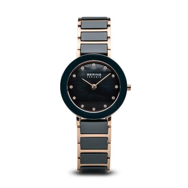 Bering black stainless steel watch accented with rose gold and Swarovski crystals. Model 11429-767