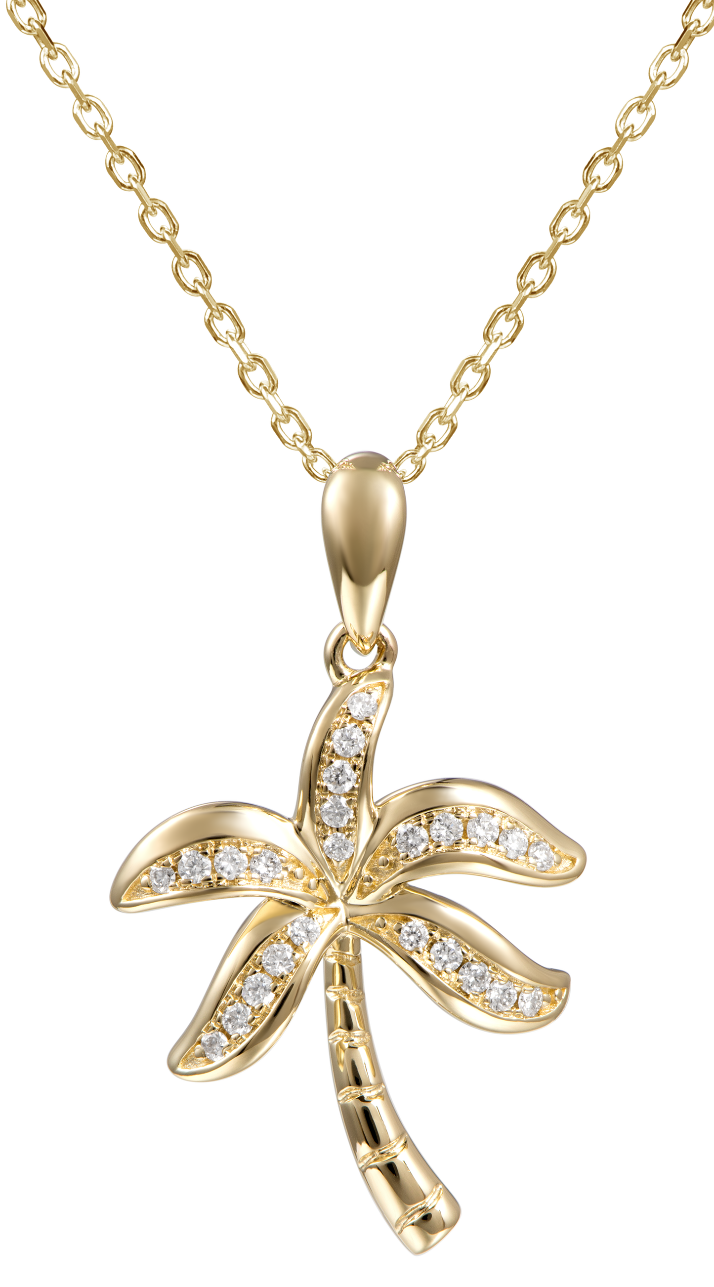 Front view of 14k Yellow Gold Diamond Palm Tree Pendant Necklace