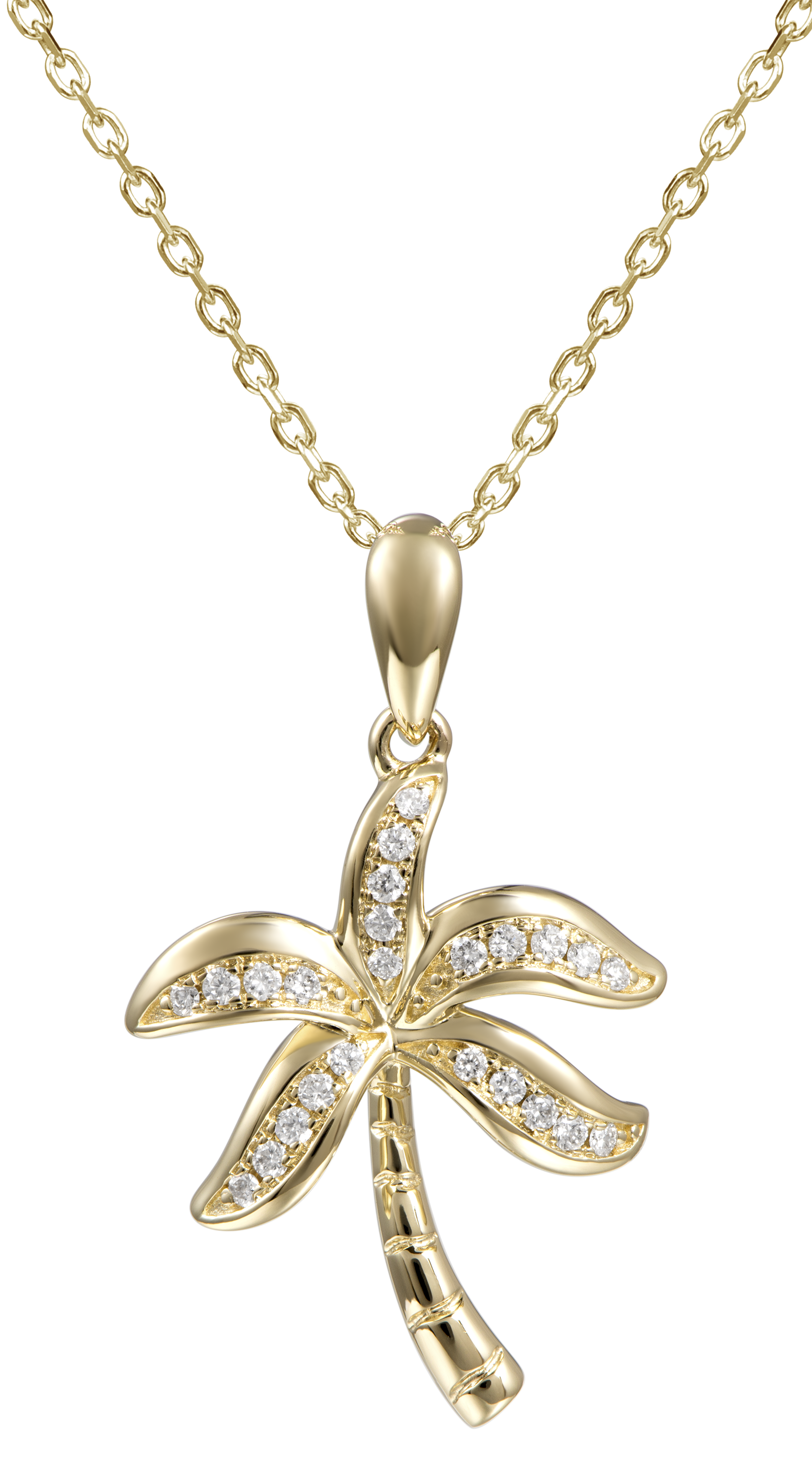 Front view of 14k Yellow Gold Diamond Palm Tree Pendant Necklace