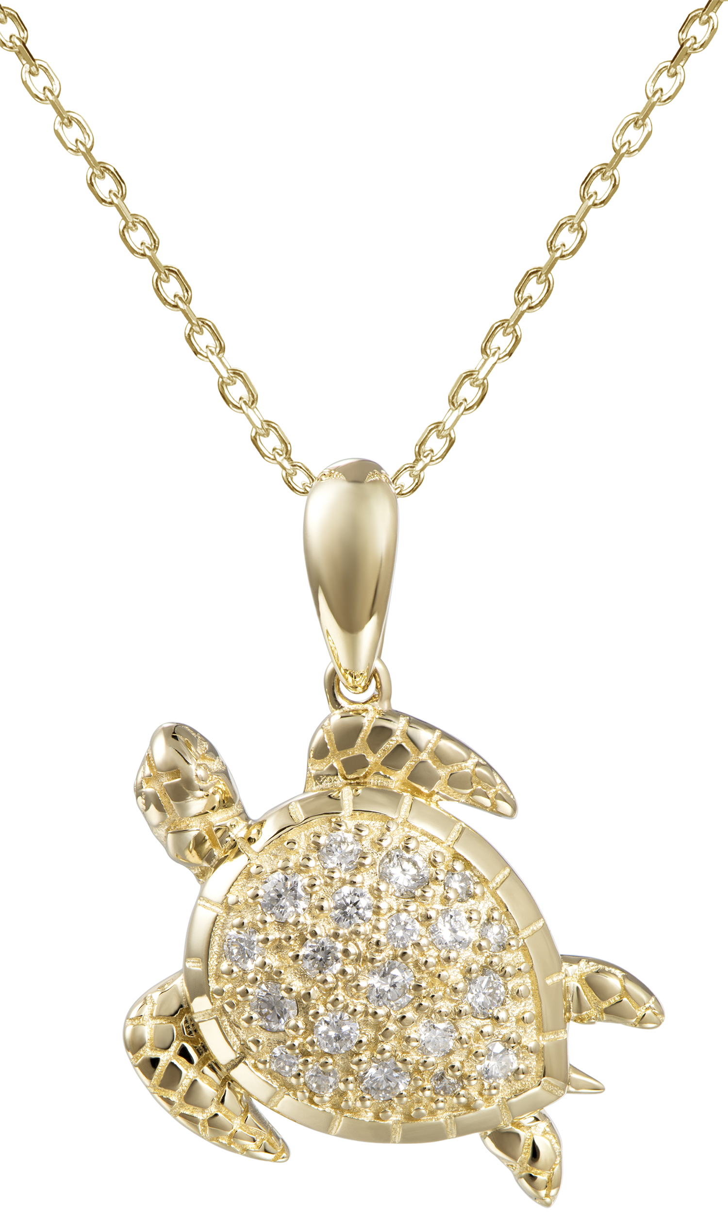 Glimmering and stunning, this beautiful Honu pendant is crafted from 14k yellow gold and features a secure bail and round diamonds totaling 0.17 cts. It measures 22.00 mm in lengthh. An optional 1.1 mm gold chain is available for $199.00.