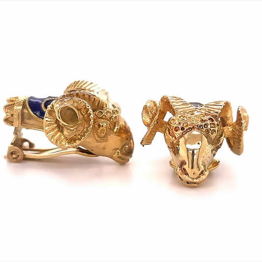 Front and side view of Estate 14k Ram Yellow Gold Stud Earrings
