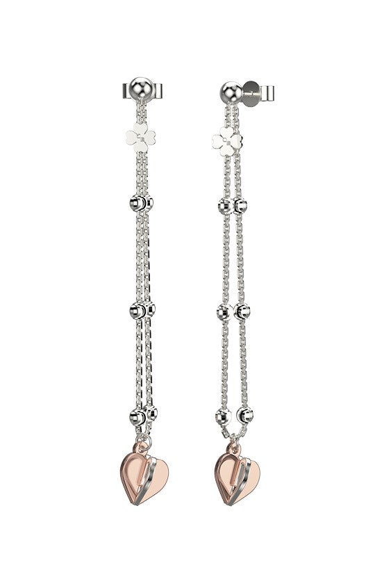 Sterling silver drop earrings coated with rhodium   Friction backs  3D hearts rose gold plated  3" long