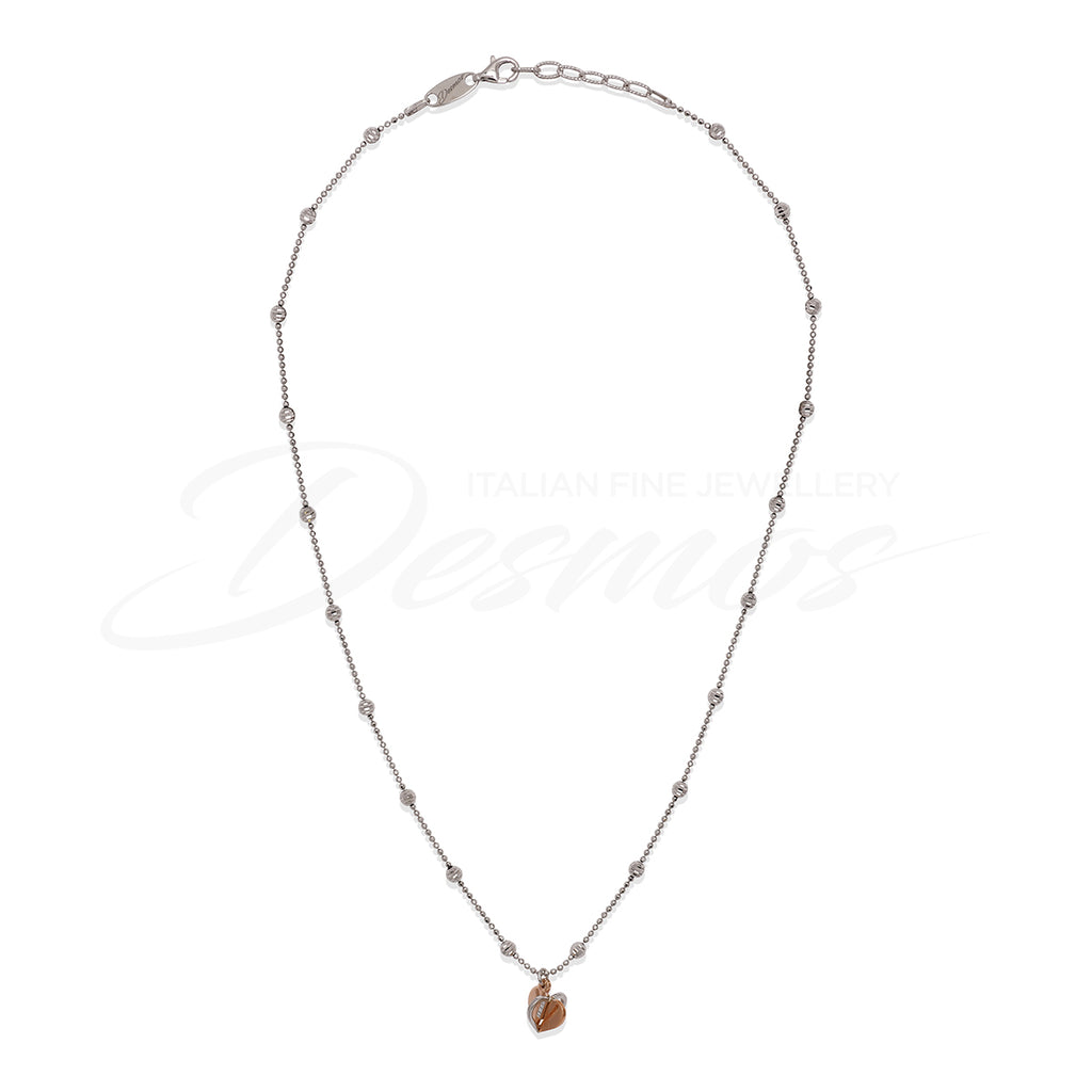 Italian collection from Desmos  16" long.  3D rose gold plated heart 1/2" long  Rhodium coated chain  High-precision diamond cut silver beads  2" sizing extension.