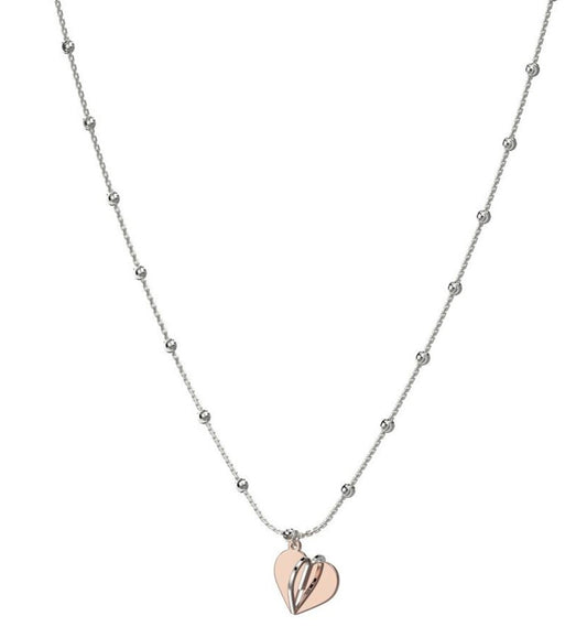 Front view of Sterling Silver Rose gold Tone Heart Long Necklace 34"