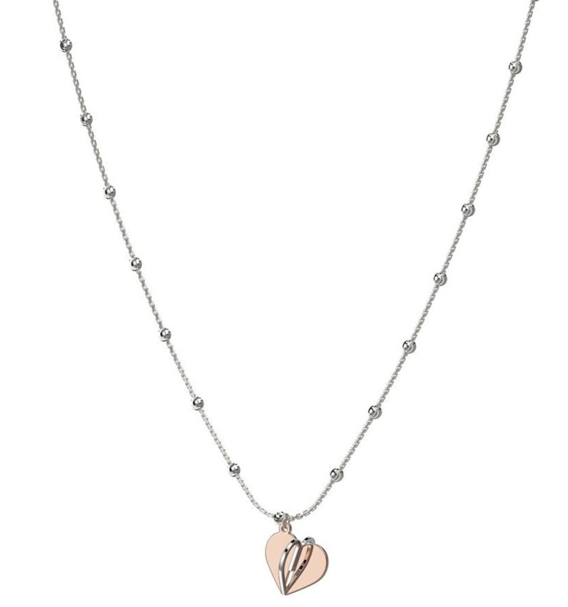 Italian collection from Officina Bernardi  34" long.  3D rose gold plated heart 1/2" long  Rhodium coated chain  High-precision diamond cut silver beads  2" sizing extension