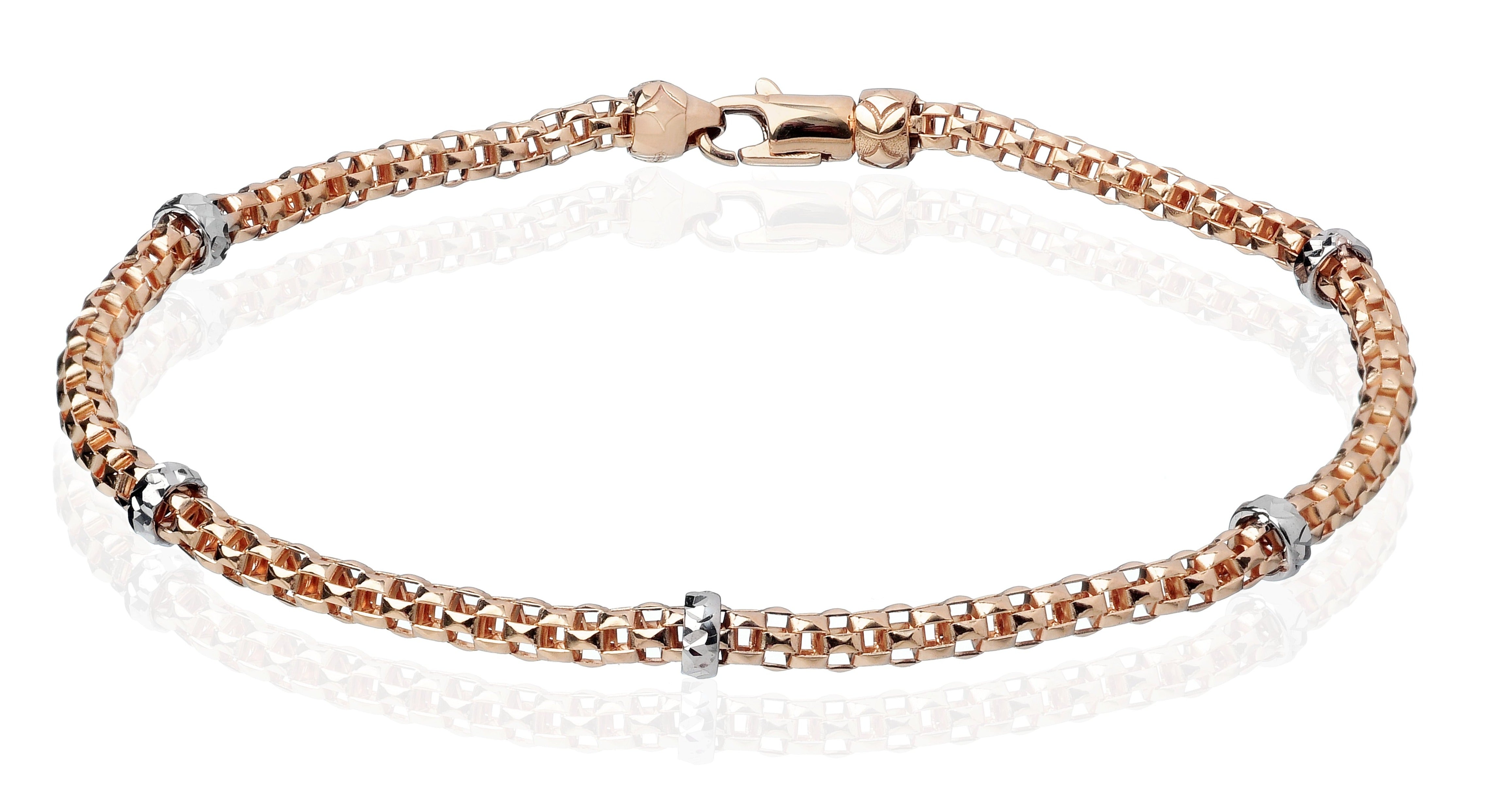 From our Stella Millano Italian Jewelry  18k Italian white & rose gold  One Size Fits All  Rockstar collection  5 solid rondel    Mesh style  Secure lobster clasp.